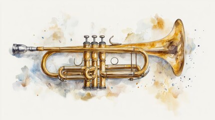 Fototapeta premium Watercolor Trumpet Illustration, Musical Instrument, White Background, Jazz, Art Print