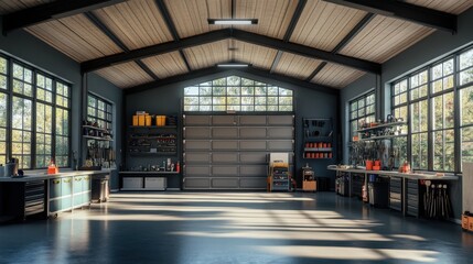 A spacious, empty garage with metal shelves holding tools, but no cars or workers
