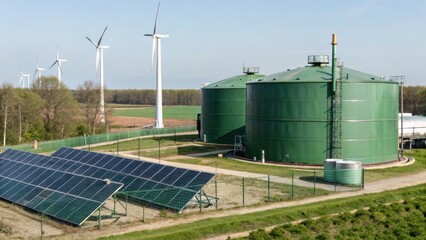 Fototapeta premium Renewable Energy Storage concept, Green energy facility with wind turbines and solar panels visible in the background.