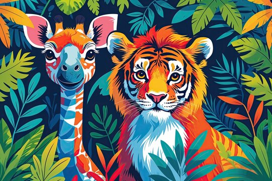 Vibrant Jungle Animal Artwork with Bold Colors and Dynamic Line Art for Eye-Catching Wallpaper and Card Design