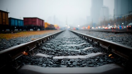 Obraz premium Railroad Tracks Cityscape Rainy Day Urban Train Scene