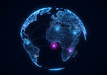 Global Digital Security Earth Globe with Network Connections, Security Shields. Cyber Security, Data Protection, Technology.