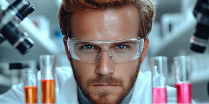 Scientist works in a modern lab, handling colorful test tubes with precision. Surrounded by advanced equipment like microscopes and digital monitors, the environment is clean and cutting-edge
