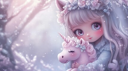 Fototapeta premium Cute girl hugs unicorn, snowy forest background, winter fantasy art, children's book illustration