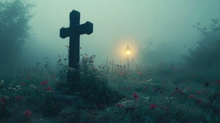 Foggy Field Cross & Lantern