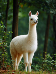 Obraz premium White alpaca standing in lush green forest, full body side view 푸른 숲속에 서 있는 흰색 알파카의 전신 측면 모습