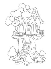 Black and white tree house coloring page design. Fun and creative line art for kids, perfect for coloring books, worksheets, and printable art activities.