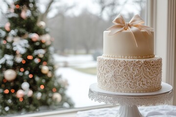 Fototapeta premium Elegant two-tiered cake with intricate lace design, wintery backdrop