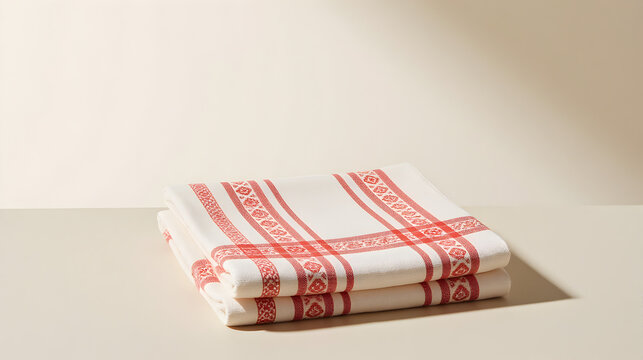 Folded Assamese gamosa on neutral fabric with traditional red and white woven patterns - Rongali Bihu