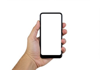 A hand holding a black smartphone with a blank white screen against a white background in a studio