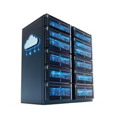3D cloud data connect with modern Network server racks side view isolate on transparent background