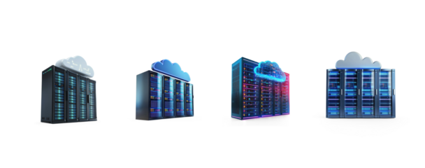 Collection of 3D cloud data connect with modern Network server racks front view isolate on transparent background