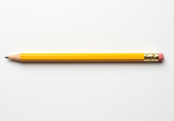 A single yellow pencil lying horizontally on a white surface with a pink eraser and graphite tip