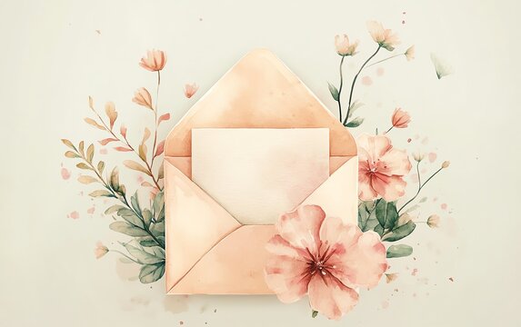 Open envelope with a letter inside, flat view, watercolor style, delicate details, soft pastel colors, Generative AI