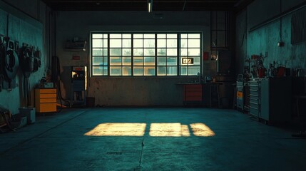 An empty car mechanical workshop at night, with the dim light casting long shadows on the floor