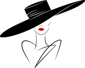 Minimalist Fashion Woman Vector – Elegant Lady with Dramatic Black Hat and Bold Red Lips, High-Contrast Monochrome Portrait for Luxury Branding