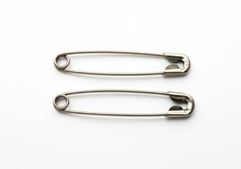 Two silver safety pins lying parallel on a white surface in a horizontal composition close up view