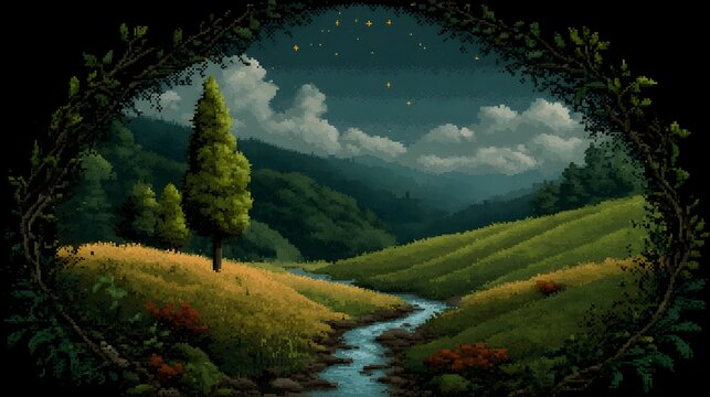 Idyllic creek winding through rolling hills with a botanical frame and golden sparkles