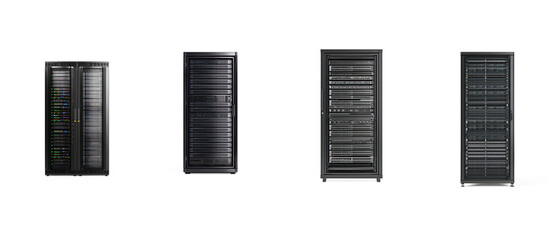 Collection of Modern Network server rack front view isolate on transparent background