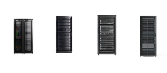 Collection of Modern Network server rack front view isolate on transparent background