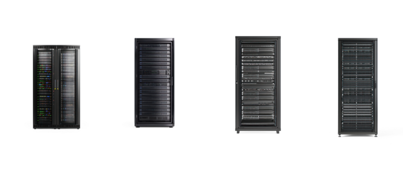 Collection of Modern Network server rack front view isolate on transparent background