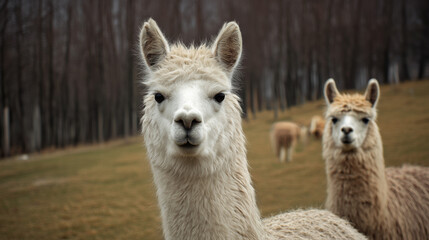 Fototapeta premium Close-up of curious alpacas on pasture with blurred forest background 숲을 배경으로 풀밭 위에 있는 호기심 많은 알파카 근접 촬영