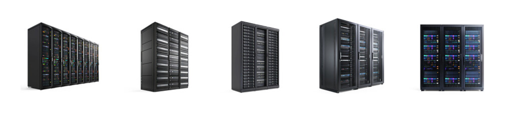 Collection of Modern Network server racks side view isolate on transparent background