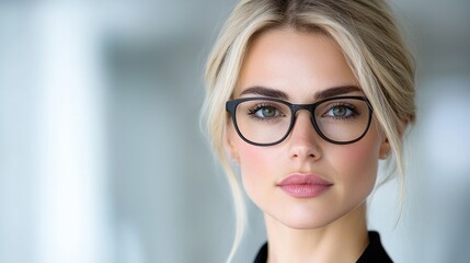 Confident woman portrait closeup blonde hair glasses professional business fashion image