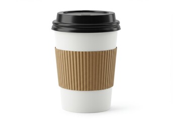 A white coffee cup with a black lid and a brown corrugated sleeve isolated on a white background view
