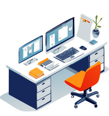 Modern Isometric Office Workspace with Dual Monitors and Ergonomic Red Chair – Creative Workstation Setup with Digital Tools

