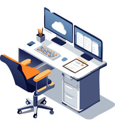 Modern Isometric Office Workspace with Dual Monitors and Ergonomic Red Chair – Creative Workstation Setup with Digital Tools

