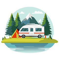 Obraz premium Scenic Mountain Camping with Camper Van and Tent by the Lake – Vector Illustration