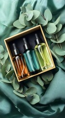 Three glass dropper bottles in a box surrounded by green leaves