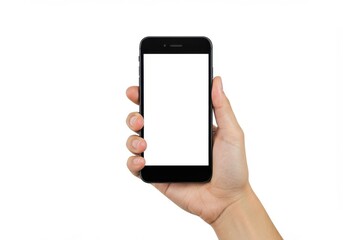 A hand holding a black smartphone with a blank white screen against a white background studio shot