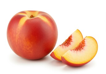 A whole nectarine and two slices of nectarine on a white background in a studio setting close up view