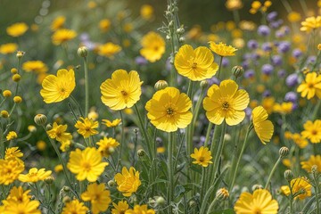 Obraz premium Vibrant Buttercups in a Lush Sunny Flower Garden with Golden Hues