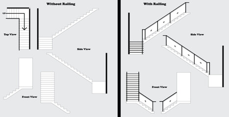 Illustration vector graphic of stairs, top view of stairs, side view, and front view of stairs with railing. good for your home design