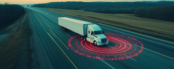 Autonomous truck on highway with sensor data visualization