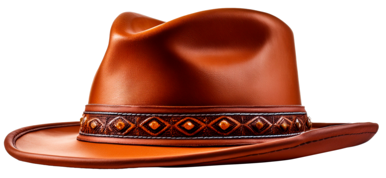 brown cowboy leather hat with rhombus pattern band isolated on white background