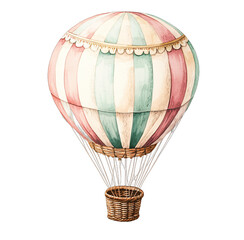 A colorful, vintage-style illustration of a hot air balloon with a striped, pastel color design.