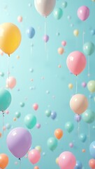 A seamless background filled with multicolored balloons of various sizes floating on a soft sky blue backdrop, evoking a cheerful celebration vibe.


