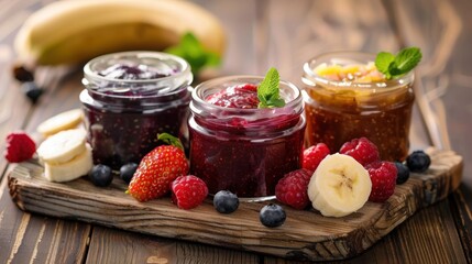 Colorful fruit jams and preserves in glass jars