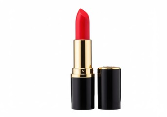 Fototapeta premium A single tube of red lipstick with a gold and black container and the cap off on a white background