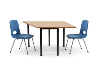 A square table with black legs and two blue chairs with metal legs on a white background studio shot