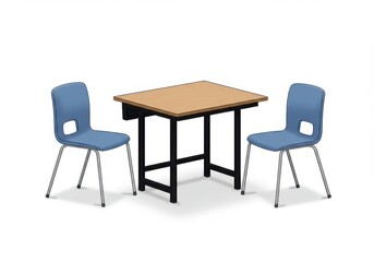 A simple classroom setup featuring a table with two blue chairs on a plain white background scene view