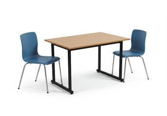 A simple scene of a table with a light brown top and two blue chairs on a white background studio shot