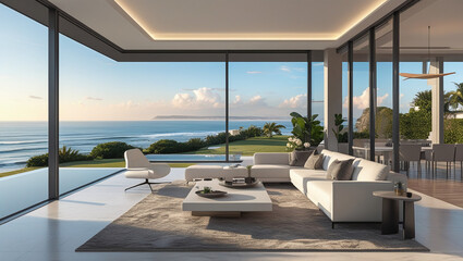 Fototapeta premium Luxury architecture, ocean front property landscape. Modern living room interior design with sleek contemporary designer furniture, minimalist decor large windows, panoramic coastal view background