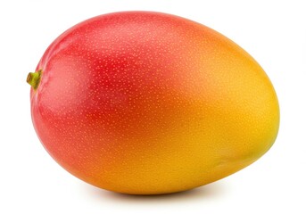 A single ripe mango with a smooth skin transitioning from red to yellow on a white background
