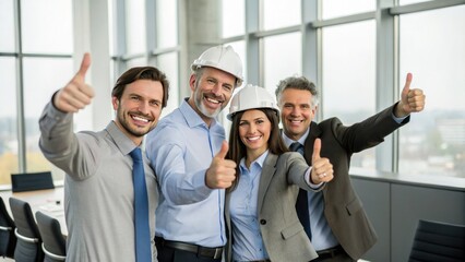 Obraz premium A group of four professionals in hard hats smiles and gives thumbs up, showcasing teamwork and positivity in a modern office environment.