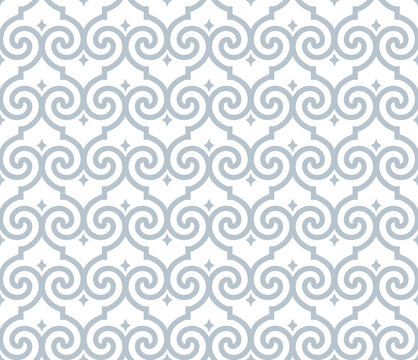 Abstract geometry pattern in Arabian style. Seamless vector background. White and gray graphic ornament. Simple lattice graphic design